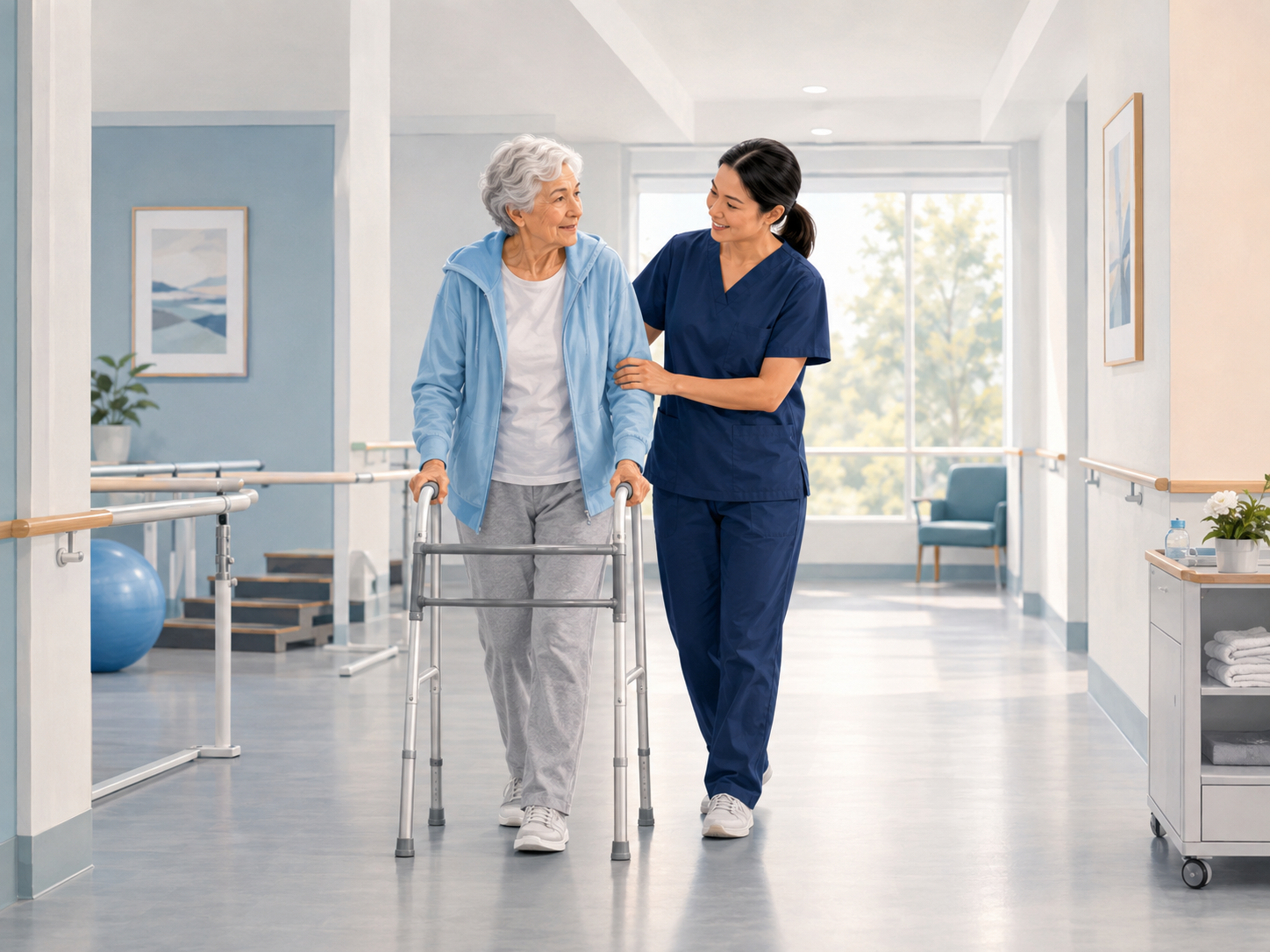 Frail older patient mobilising with a walking frame