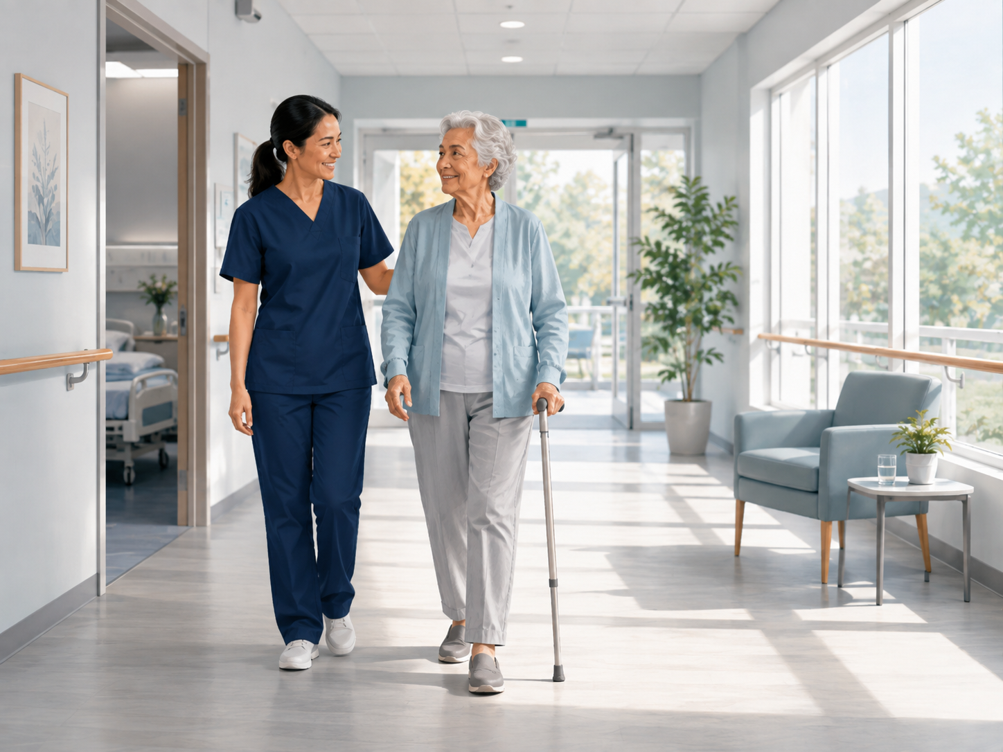 Frail older patient mobilising with a stick